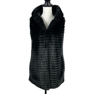 Nanette Lepore Women's Vest XS Black‎ Faux Fur Hooded Sleeveless Pockets